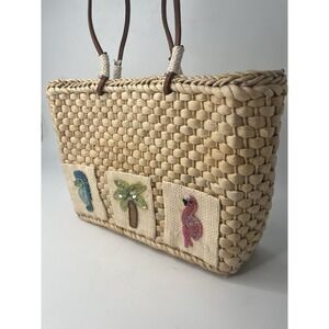 Straw Basket Weave QVC Style Purse Sequined Beaded Palm Tree Flamingo Sea Horse